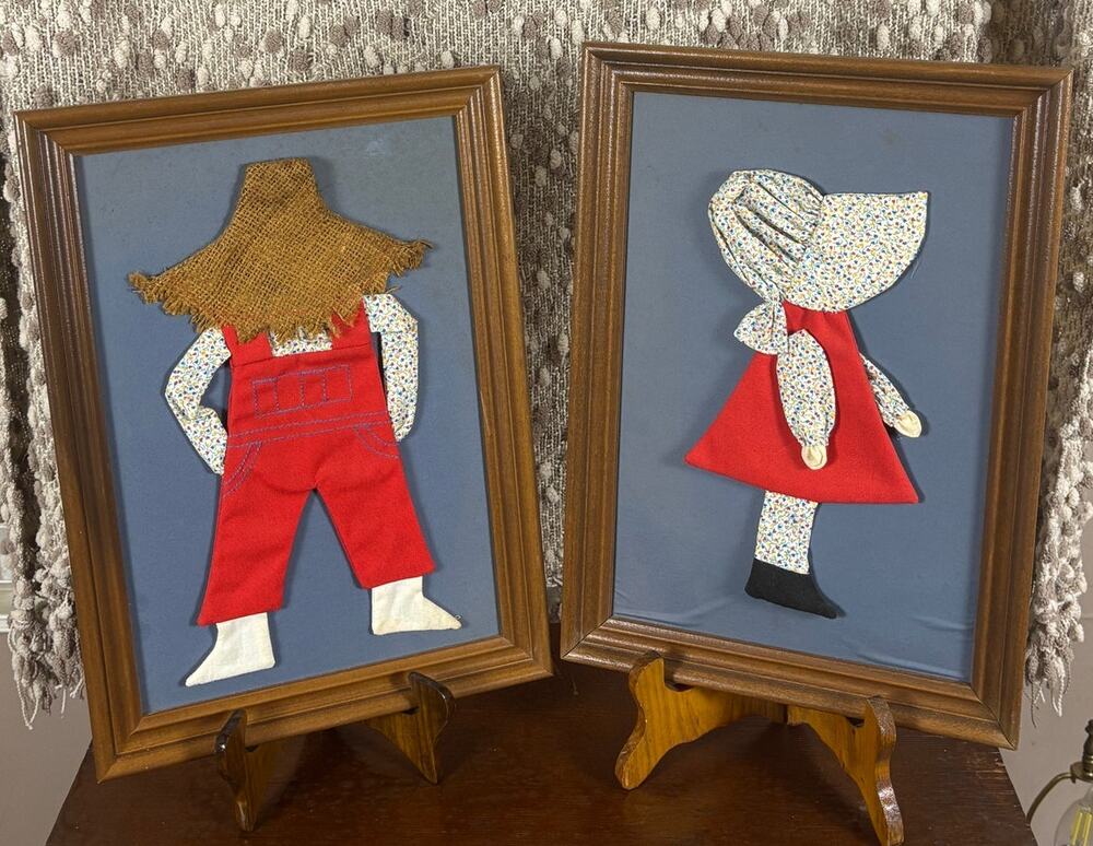 Vintage 1970s Sunbonnet Sue Overall Sam Framed Fabric Applique Folk Art Pair
